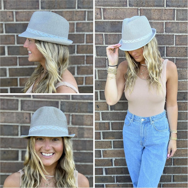 Funky Junque Women's Straw Fedora Sun Hat - UPF 50+ Protection, Short Brim, Stylish Woven Pattern - Image 2